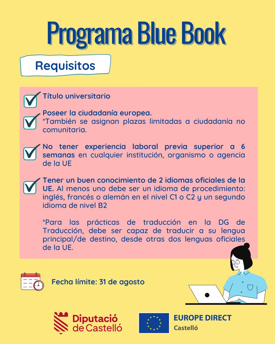 EuropeDirectCs's tweet photo. Información prácticas #BlueBook de la @EU_Commission
👉No existe un límite de edad para los candidatos/as
👉De marzo a julio 2024
👉Alrededor de 800 plazas ofertadas
👉Retribución mensual de 1.350€ aprox. y gastos de viaje
👉Solicitudes hasta el 31 de agosto
#impulsEU https://t.co/EDeJGXdzZL