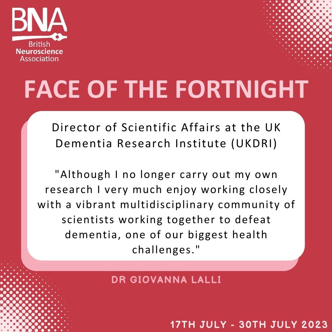 UK Dementia Research Institute (@ukdri) on Twitter photo Dr Giovanna Lalli, the UK DRI's Director of Scientific Affairs, is <a href="/BritishNeuro/">British Neuroscience Association</a>'s Face of the Fortnight!🙌
Stay tuned to BNA's feed to hear from Giovanna over the next couple of weeks.
Find out more👉buff.ly/3K6Rz2H Dr Giovanna Lalli, the UK DRI's Director of Scientific Affairs, is <a href="/BritishNeuro/">British Neuroscience Association</a>'s Face of the Fortnight!🙌
Stay tuned to BNA's feed to hear from Giovanna over the next couple of weeks.
Find out more👉buff.ly/3K6Rz2H