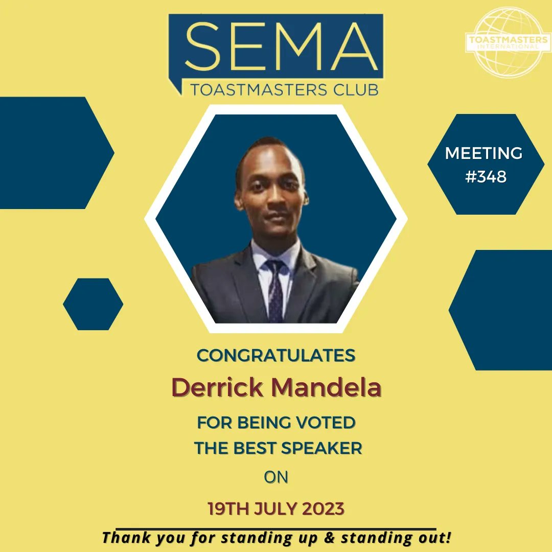 SemaTMClub's tweet photo. Join me in congratulating the following speakers on their outstanding speaking skills in meeting No 347.
👏🏽👏🏽👏🏽

Thank you for standing up and standing out! https://t.co/r0Fq5fzGZF