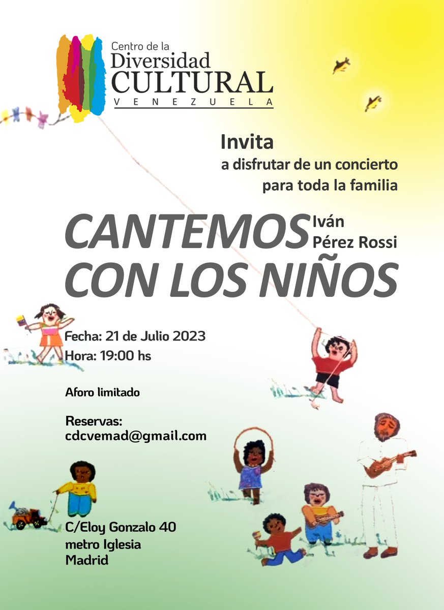 Este viernes 21 de Julio a las 19:00 hs, ¡Cantemos con los niños! para toda la familia, en el Centro de la Diversidad Cultural de Venezuela en Madrid, reserva por: cdcvemad@gmail.com #musica #Venezuela #ALaUnaLaLuna #LaPulgaYElPiojo