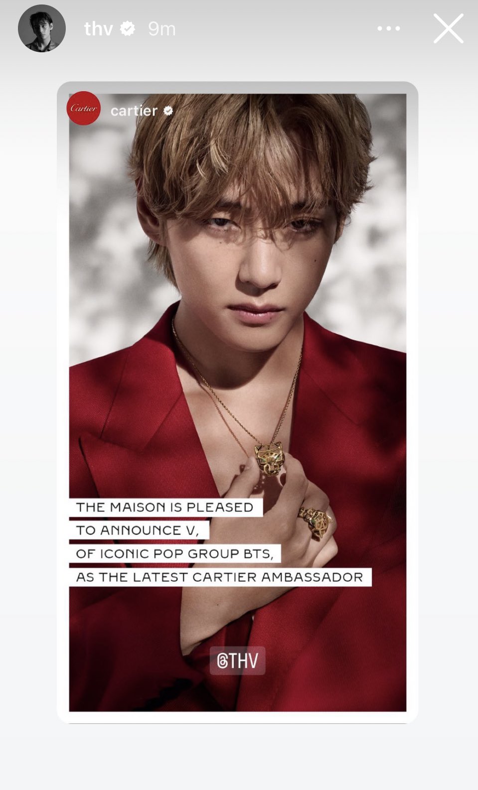 TAE GUIDE on X: [INFO] Taehyung reposted Cartier's IG story “The Maison is  pleased to announce V of iconic pop group BTS, as the latest Cartier  Ambassador”  / X