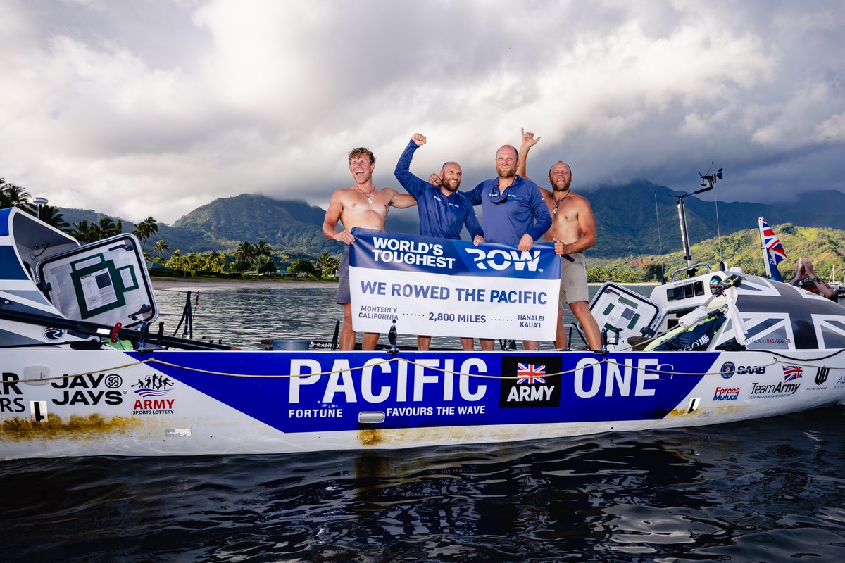 army_ocean_row's tweet image. What an achievement! After 35 days at sea @PacificOne5 have completed their 2800 mile journey.

4th boat overall
3rd in the mens class
One incredible adventure!

Congratulations team, time to sleep, eat and enjoy Hawaii.
@BritishArmy @ArmySportASCB @ArmyAdvTrg 
📸 - @toughestrow