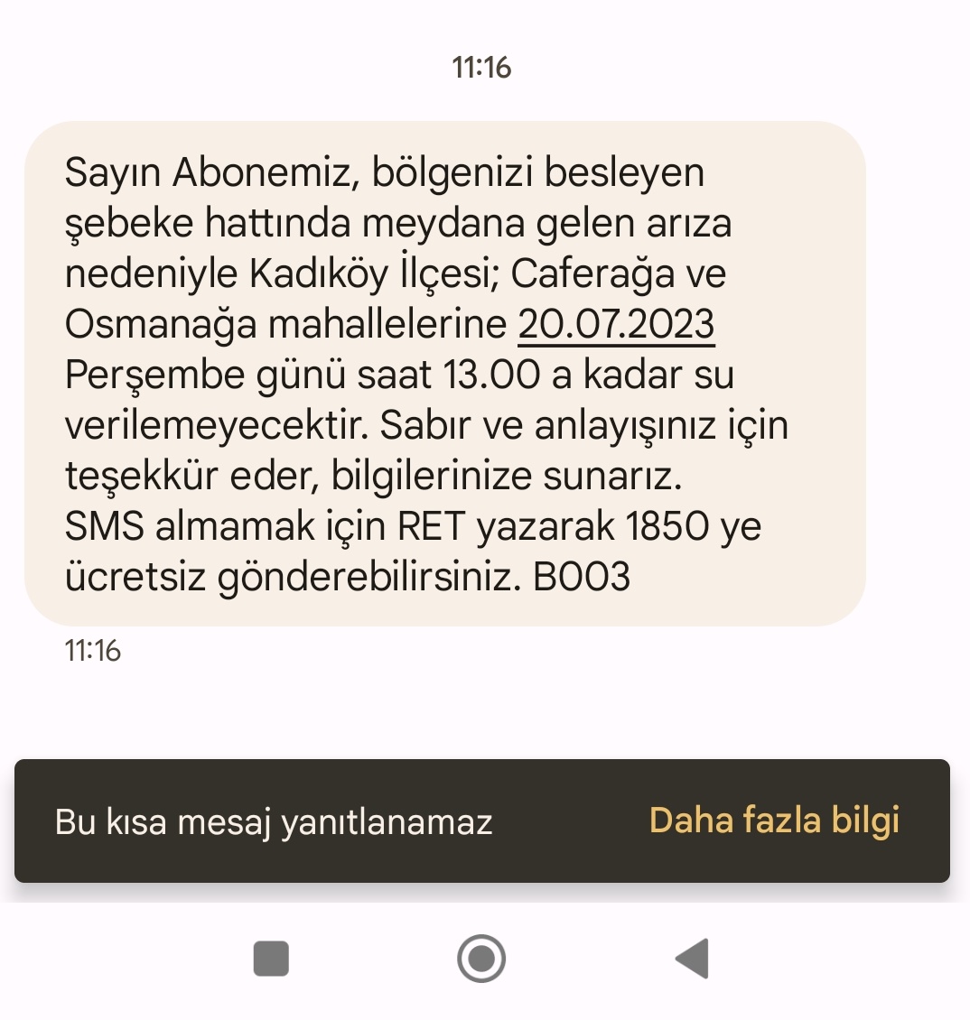 Bıktık artık her gün su kesintisi, yeter yahu. Öyle önden haber verme de yok.

<a href="/iskignmudurlugu/">İSKİ Genel Müdürlüğü</a> <a href="/iski_destek/">İSKİ Destek</a> <a href="/IBBcozummerkezi/">İBB Çözüm Merkezi</a> <a href="/istanbulbld/">İstanbul Büyükşehir Belediyesi</a>