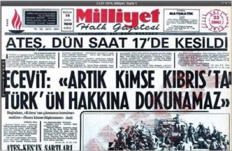 Kıbrıs Barış Harekatı'nın 49’uncu yıldönümü. 
-ABD'ye, Avrupa'ya, Ambargoya ve TSK'nın teknolojik imkansızlıklarına rağmen elde edilen büyük zafer.
-Büyük bir diplomatik ve askeri başarı. 
-1974 Türkiyesi, koalisyon hükümetiyle yönetiliyordu ama Tam Bağımsızlık ilkesiyle,