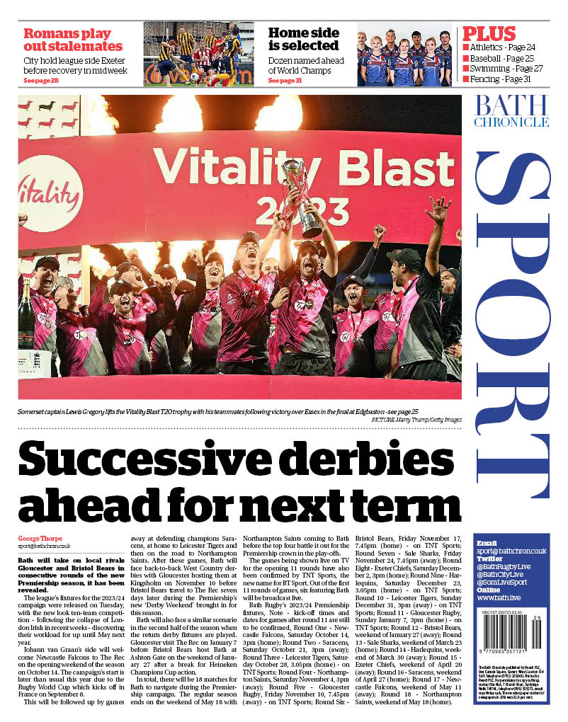 #Sport in this week's Bath Chronicle: <a href="/bathcricket/">Bath Cricket Club</a> overcome weather to win, defeats for <a href="/LCCNewsDesk/">Lansdown Cricket Club🏏</a>, <a href="/BearFlatCC/">Bear Flat CC</a>, <a href="/BoxCricketClub/">Box Cricket Club</a>, <a href="/CombeDownCC/">Combe Down CC</a>, <a href="/WiltsCricket/">Wiltshire Cricket 🏏</a> beaten in NCCA semi; Statement of intent by Bristol Camanachd; <a href="/PiersGilliver/">Piers Gilliver MBE</a> wins double gold 3/3 #SupportLocalNews