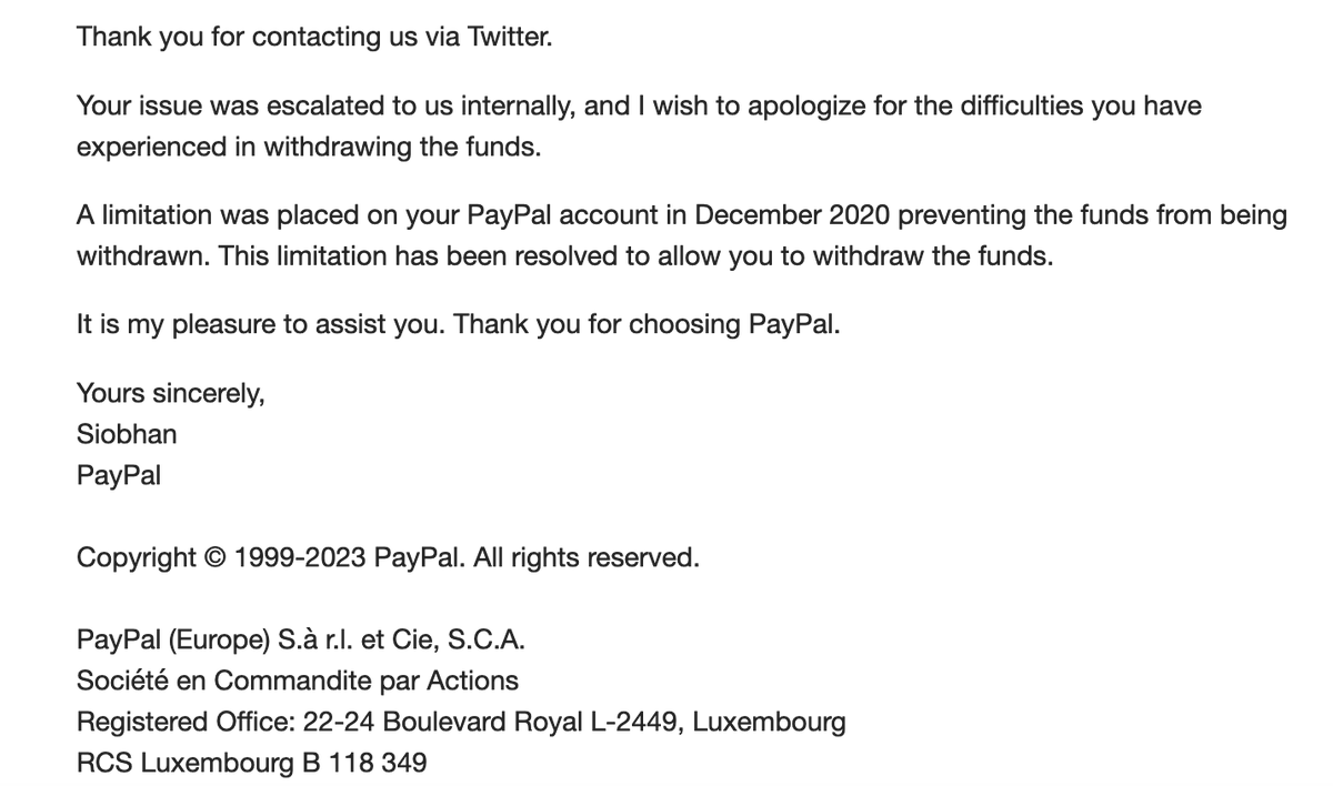 PayPal released my money and apologized after realizing our serious  intent for legal action. No explanation provided for the 2+ year hold.  

51 individuals have filled the complaint form I shared.

Kindly RT: Seeking a skilled lawyer for guidance on the next steps.