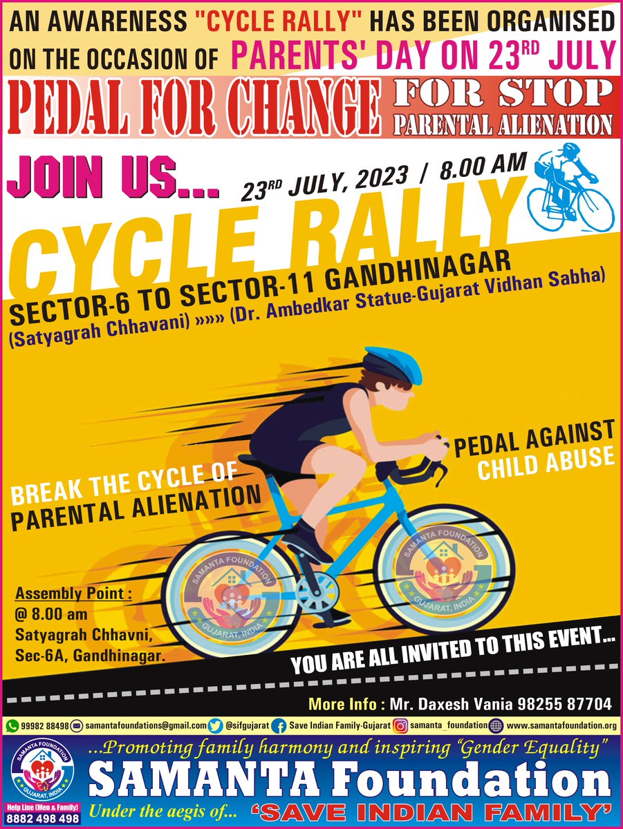 DaxeshVania's tweet photo. Join us "#CycleRally (Stop #ParentalAlienation Awareness)" #ParentsDay at 8 am on 23-07-2023 Sunday at Gandhinagar.

@BIbhopal
@DaamanNGO
@HridayaNFH
@sifngp
@sifchandigarh
@SIFKtka
@SIFHYD
@sif_odisha
@SifAgraTigers
@SFFNGO
@MenWelfare
@vaastavngo
@sifgujarat #SamantaFoundation https://t.co/8rGTxP1BXM
