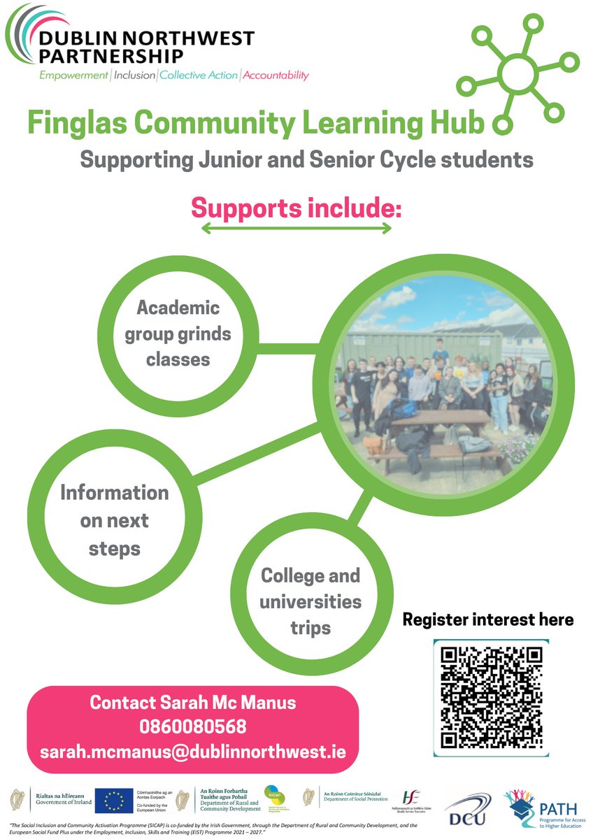 Finglas Community Learning Hub starts in September.

We're expanding the Hub to support both Junior and Senior Cycle students.

Supported by <a href="/DCU/">Dublin City University</a>  and @DeptRCD

If you'd like to sign up, use the QR code or visit:
forms.office.com/e/NsER6dpgWM

#dublinnorthwest #education #training