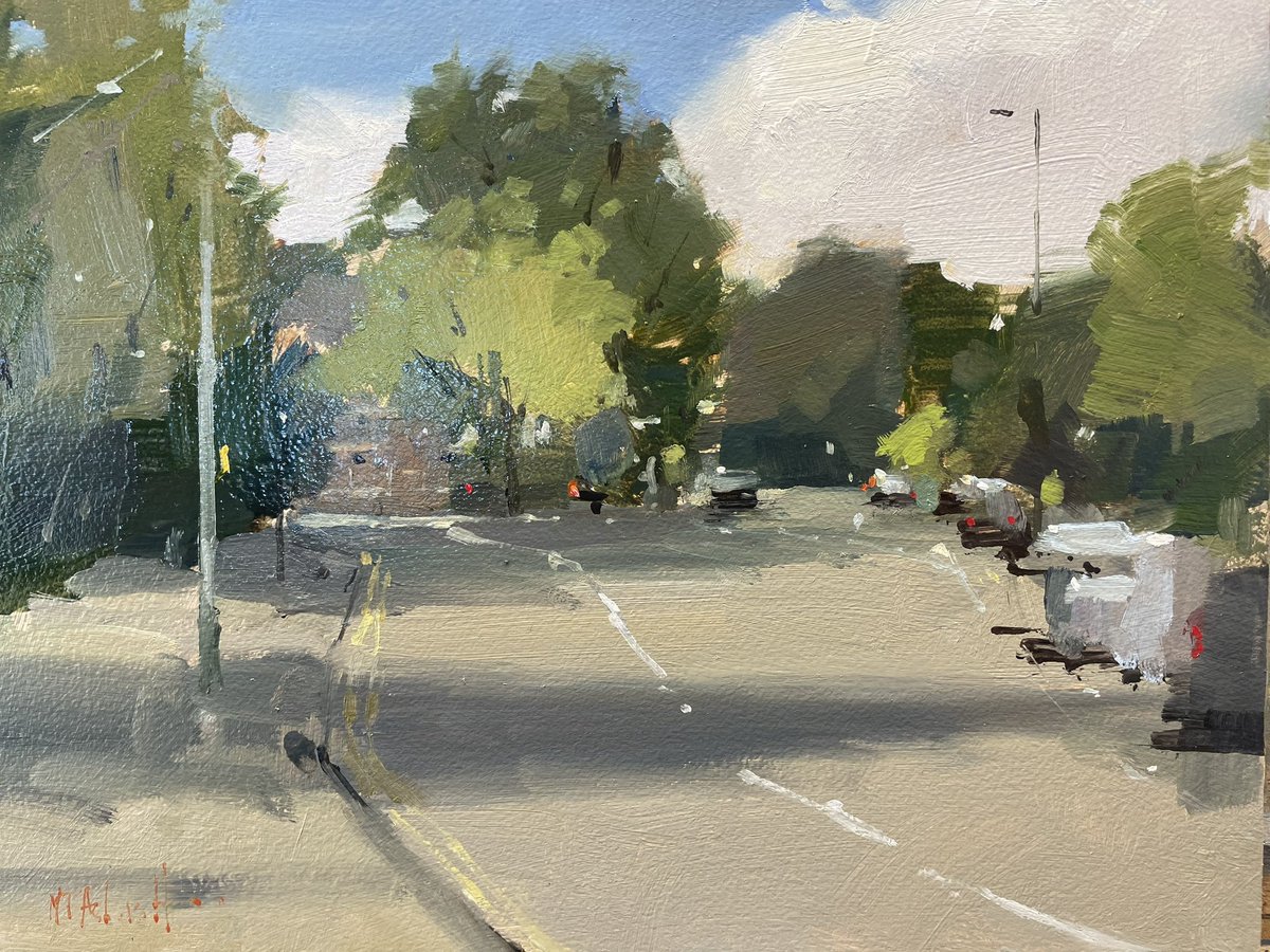 MJAshcroft's tweet photo. It was a battle of the vans today blocking the view but I wanted to get this particular scene painted for someone who’s having a tough time at the minute. 
‘The Downs, Altrincham, Manchester’ 
8” x 10”
Oil on board

#thedowns #altrincham #pleinair #vansblockingtheview #painting https://t.co/nHv8G8ceUH