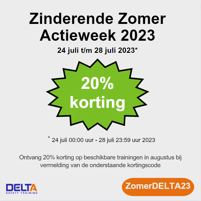 Bespaar tijdens de Zinderende Zomer Actieweek 2023 en ontvang de hoge korting van 20%. Vermeld tijdens de actieweek de kortingscode "ZomerDELTA23" bij je inschrijving voor een training in kalenderweek 31 t/m 35. Bekijk de algemene actievoorwaarden.bit.ly/3OjycGi