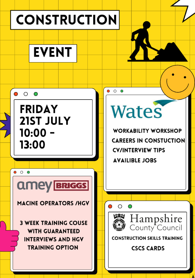 Tomorrow. Construction Event Friday 21 July 10 am till 1pm at #Winchester Jobcentre.  Advice, training and careers in construction will be on offer on the day.  Please speak with your Work Coach to find out more. 

#HampshireJobs