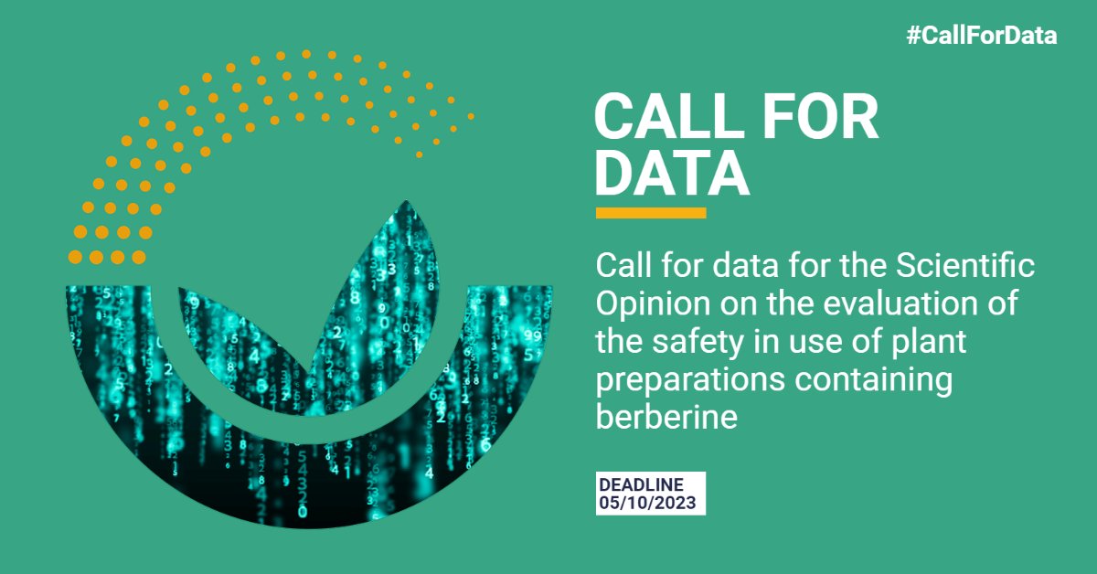 EFSA_EU's tweet image. 📣 Calling all stakeholders!

🔎Join our #CallForData &amp;amp; submit documented information relevant to the safety evaluation of #berberine in #plant preparations used in #FoodSupplements

Register interest by⏰7/8

Submit data by⏰5/10

Learn more 👉 europa.eu/!KRWWHG