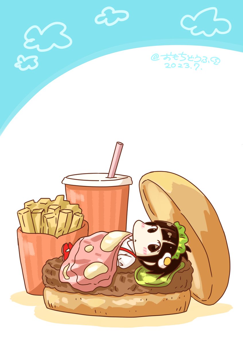 「7月20日は『 #ハンバーガーの日 』という事で、 ひなみちゃんもバーガープリン」|おもちどうふ&ひなみちゃん(*´-`)🍠♨️今日もほのぼの🍵♨️のイラスト