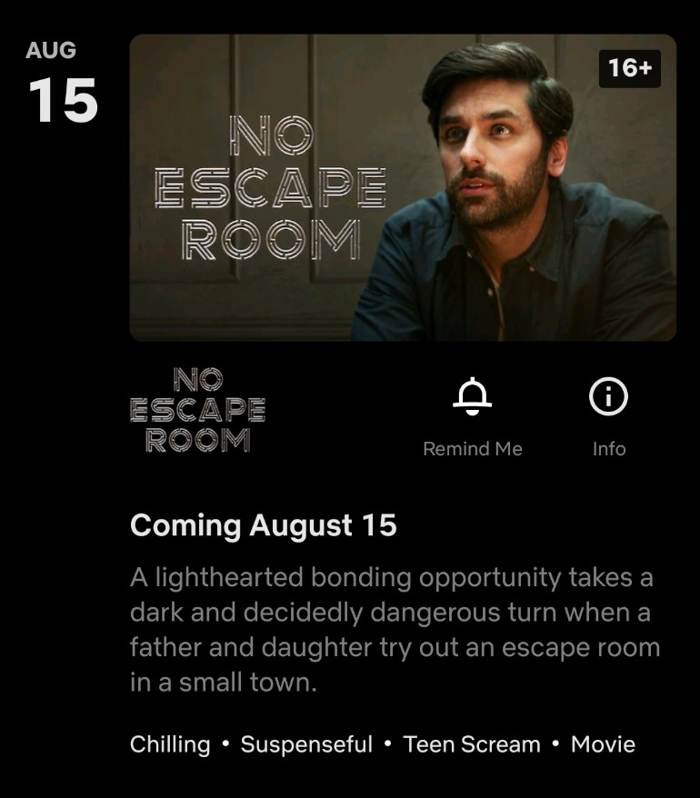 Yayy #NoEscapeRoom coming on 15 August on #Netflix 

#MarkGhanime @markghanime