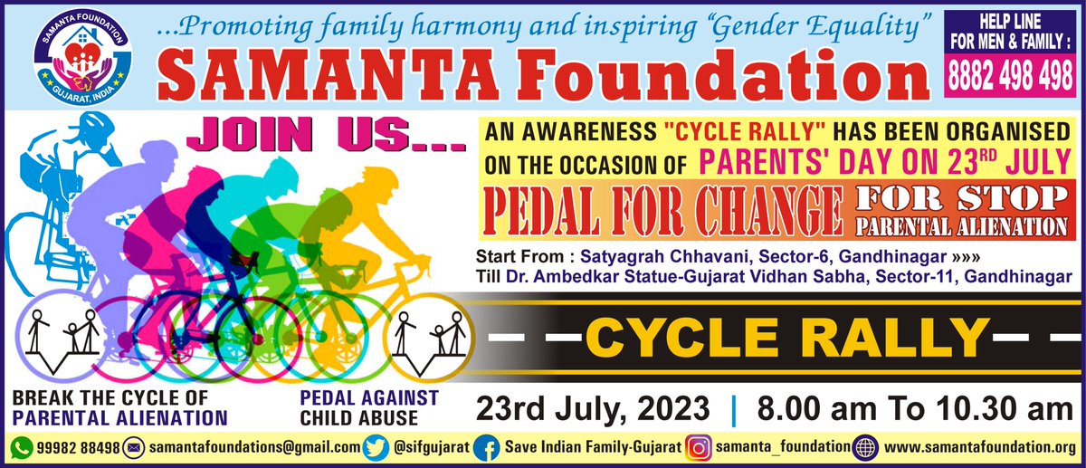 DaxeshVania's tweet photo. Join us "#CycleRally (Stop #ParentalAlienation Awareness)" #ParentsDay at 8 am on 23-07-2023 Sunday at Gandhinagar.

@BIbhopal
@DaamanNGO
@HridayaNFH
@sifngp
@sifchandigarh
@SIFKtka
@SIFHYD
@sif_odisha
@SifAgraTigers
@SFFNGO
@MenWelfare
@vaastavngo
@sifgujarat #SamantaFoundation https://t.co/8rGTxP1BXM