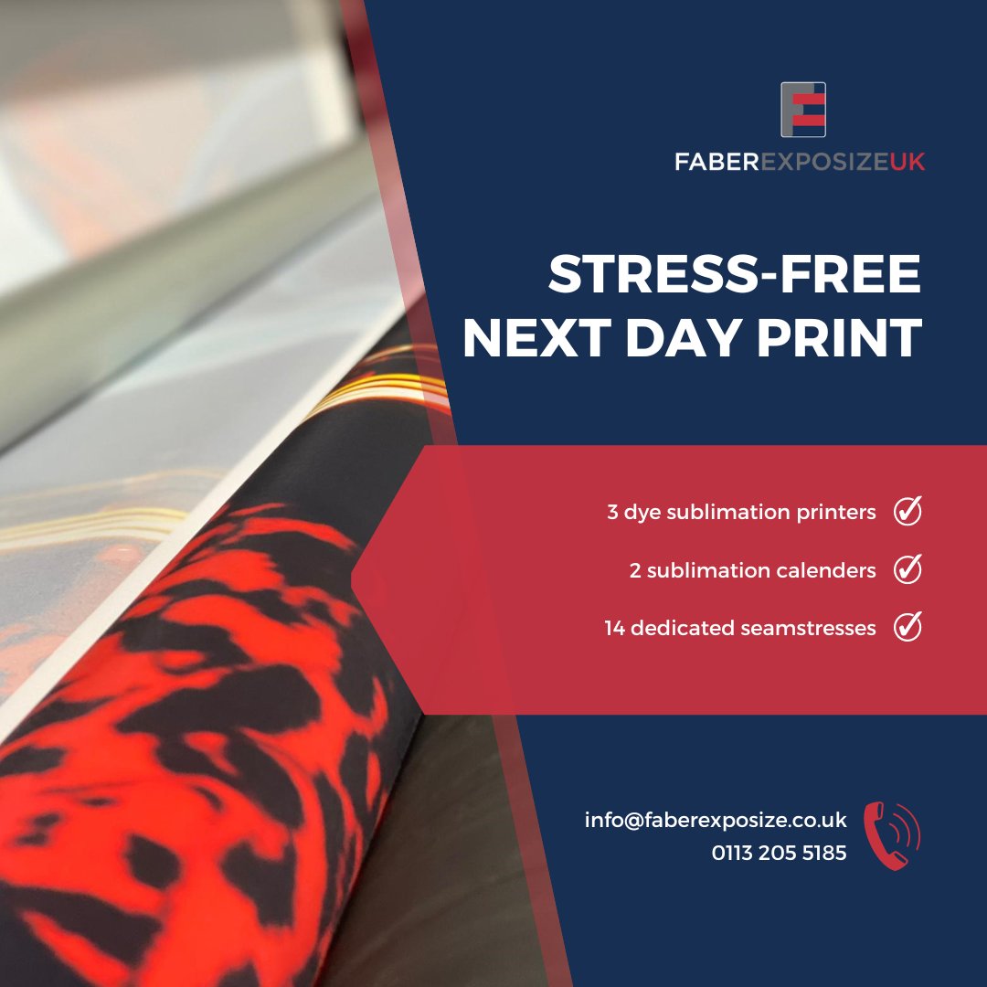 Tensioned about your tension graphics not being printed on time? We're here to take the stress away! 😮‍💨

With three dye sub printers and two sublimation calenders in-house, we offer next day print and despatch for our Exhibition clients. 

#wideformatprint  #customprint