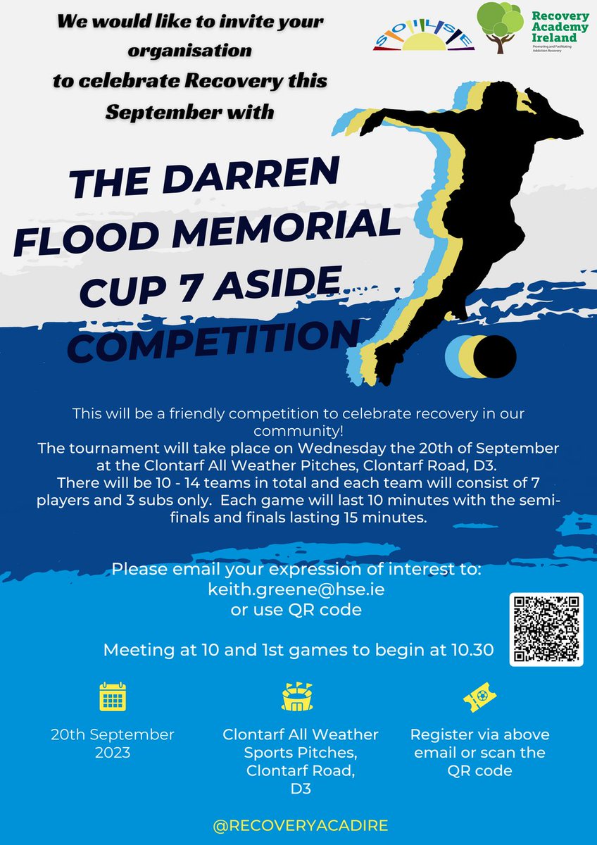 In collaboration with <a href="/soilse_hse/">Soilse</a> we are celebrating Recovery this September in hosting The Darren Flood Memorial Cup.  Interested in taking part?  Get in touch using the details below.