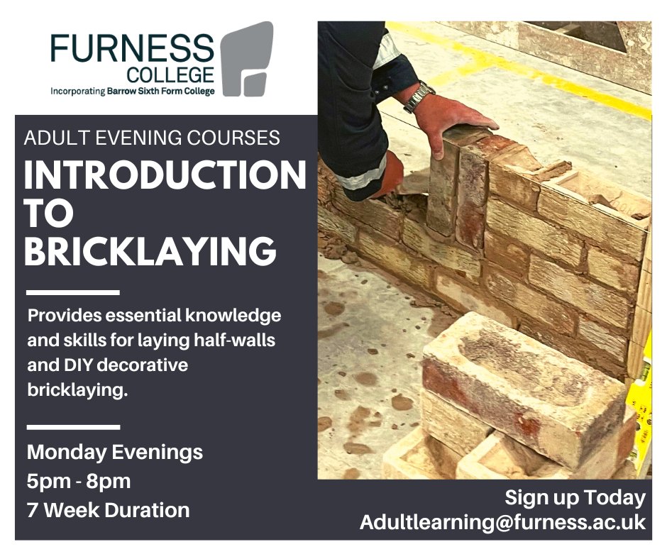 🧱PLACES STILL AVAILABLE🧱 We still have places available for our 7-week Introduction to Bricklaying course, starting in September 2023. This course is ideal for DIY enthusiasts to learn to construct half walls, perfect for small projects. Contact: adultlearning@furness.ac.uk