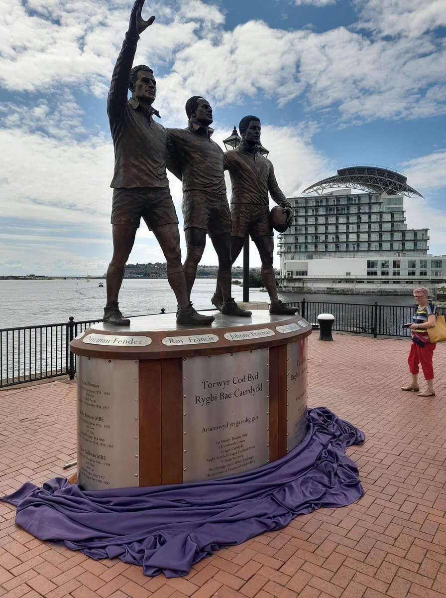 rcccymru's tweet photo. A historic moment in Wales! 🏉 Cardiff’s #RugbyCodebreakers, Billy Boston, Clive Sullivan, and Gus Risman, are finally honoured with a statue at Landsea Square, Mermaid Quay. 🗿 Wales' first statue featuring named Black men, celebrating their sporting legacy. Bendigedig Cymru! https://t.co/yiGjhkbfk2