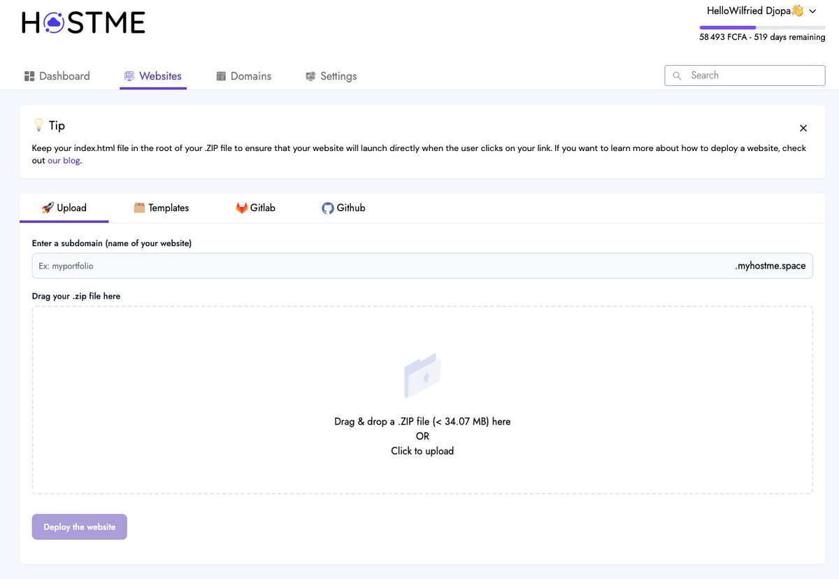 willy_djopa's tweet photo. Sur le nouveau dashboard @HostmeSpace, 
On espère apporter plus de facilité et de fluidité dans les déploiements de vos projets. 

Avant, il fallait zipper le contenu du dossier à déployer et il y avait plus de champs à remplir. 

Maintenant, vous compresser le dossier (et plus son contenu, donc c'est plus simple) et vous renseignez juste le nom de domaine souhaité et Hop, c'est dans l'espace 🚀

Essayez https://t.co/86tfxi9VUS 😊