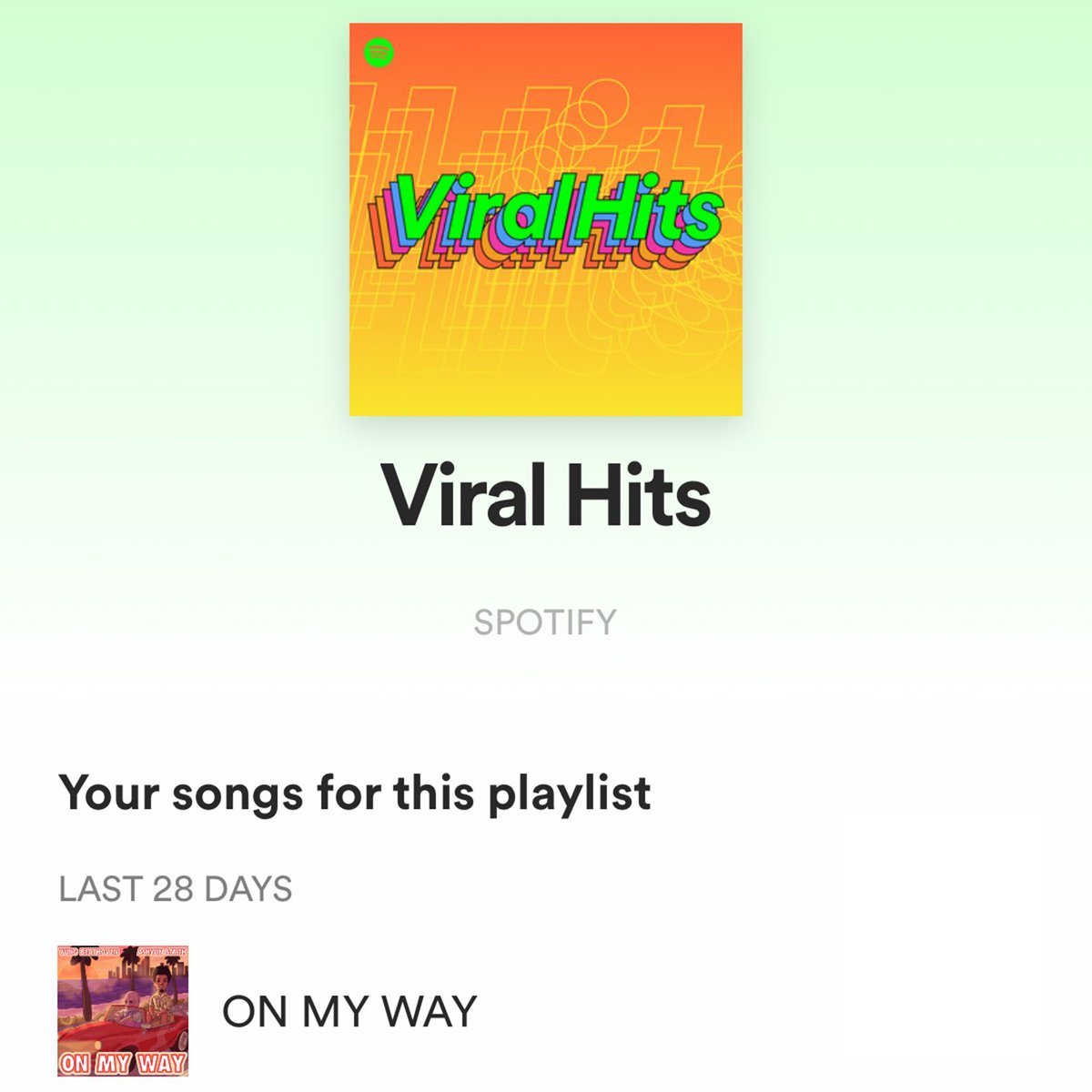 And @SpotifyAfrica does it again 🤩 Much love to them for adding ‘ON MY WAY’ to their ‘Viral Hits’ Editorial Playlist! 🌞