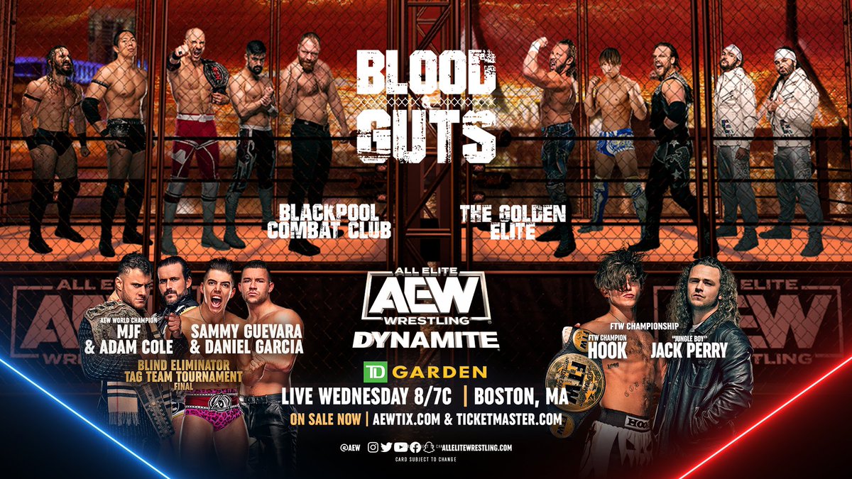 brijcopeland's tweet image. Don’t miss #AEWDynamite   Watching #TDGarden &amp;amp; 8pm ET/ 7pm CT on #tbsnetwork!
• #GoldenElite vs #BCC in BLOOD &amp;amp; GUTS
• #the_mjf &amp;amp; #adamcolepro vs. #SammyGuevara &amp;amp; #Garciawrestling
• #730Hook vs #boy_myth_legend #Airtel #AirtelXstreamFiber  #Jio