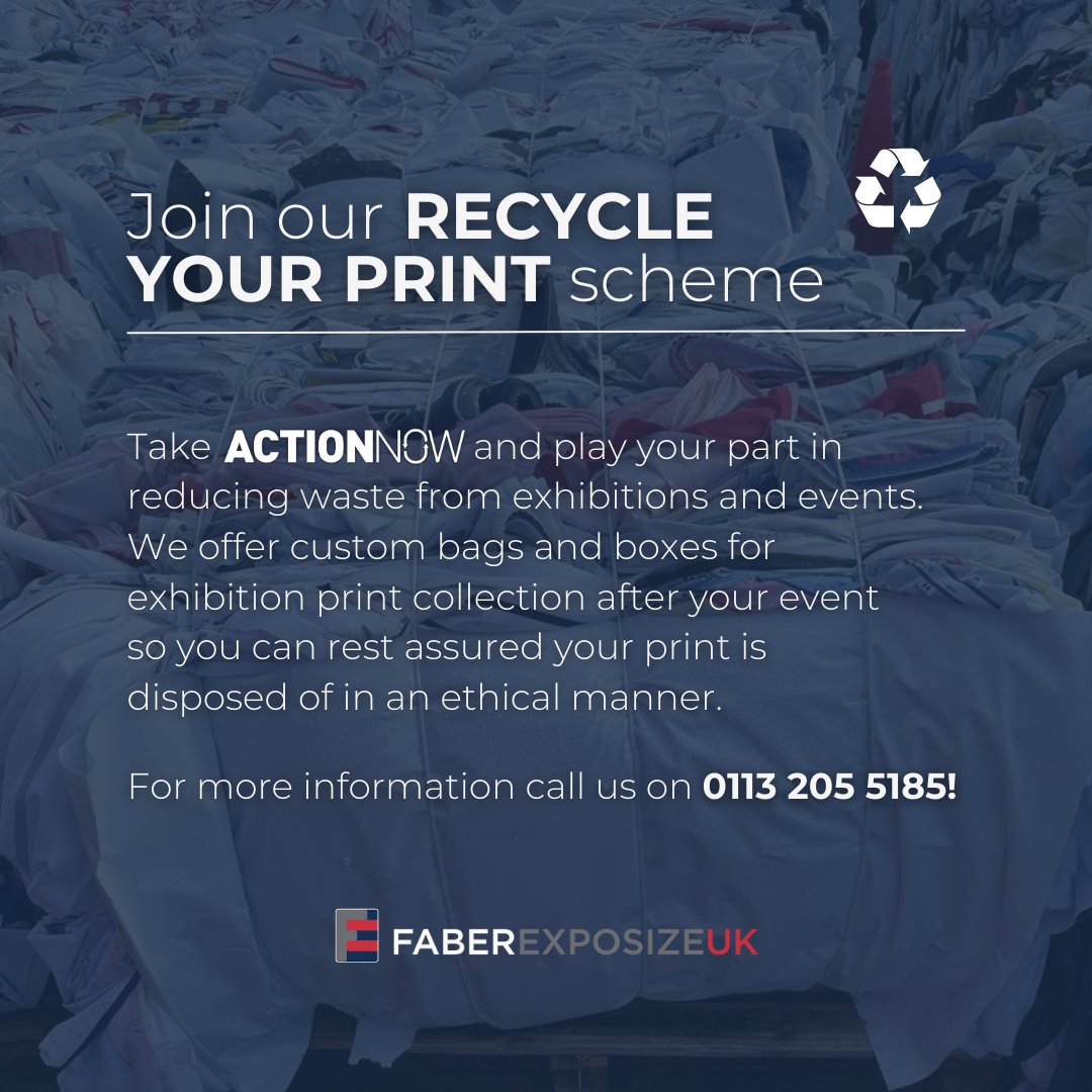 Join our Recycle Your Print scheme now and reduce your environmental impact!♻️We offer a wide range of recycled and recyclable fabrics and substrates that can be collected after the end of your event or campaign! 

#wideformatprint #exhibition #recycling #sustainability