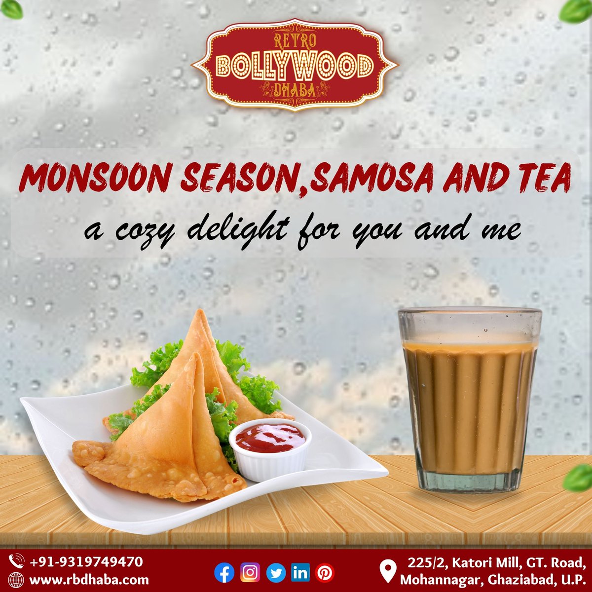RetroBdhaba's tweet photo. "Indulge in the perfect pairing of Tea with Samosa at Retro Bollywood Dhaba! ☕🥟"

Immerse yourself in the comforting warmth of a steaming cup of tea, perfectly brewed to perfection. 

#RBD #TeaWithSamosa #PerfectPairing #BollywoodFlavors #FoodieLife https://t.co/yUeb8cbFyO