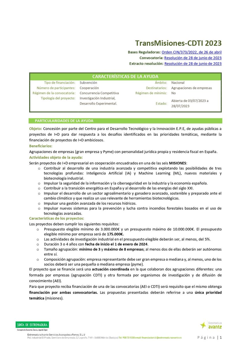 e_avante's tweet photo. 🗣️‼️Presenta tu #solicitud hasta el 28 de julio‼️

🚀#TransMisiones 2023, #ayudas a proyectos d I+D colaborativos para fomentar colaboración público-privada entre #empresas y #ciencia, gestionada por @AEI y @CDTI_innovacion 

#AvanteIDi 

📩financiacionidi@extremaduraavante.es https://t.co/Rn9go3UULb