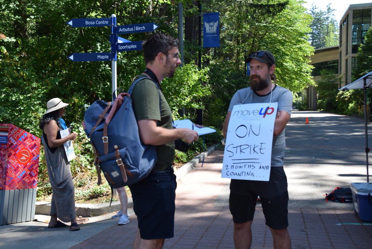 CapUFaculty's tweet photo. We thank @TheTyee for coming to CapU to report the struggles of its employees in one of the longest and senseless strikes in BC Post Secondary Education #capufaculty #capstudentunion #MoveUPTogether #universitystrike #capu #capilanou #strike #workersrights #fpse #bcfed https://t.co/D8mkf6LYEq