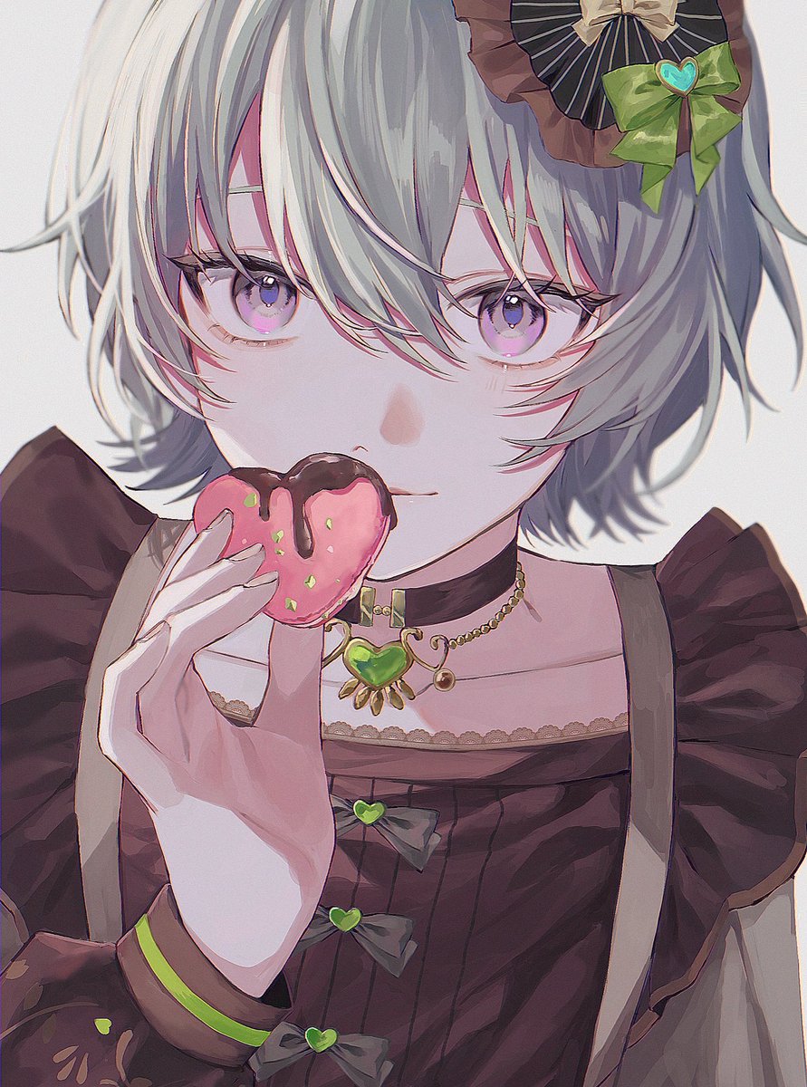 solo purple eyes 1girl choker short hair looking at viewer food  illustration images