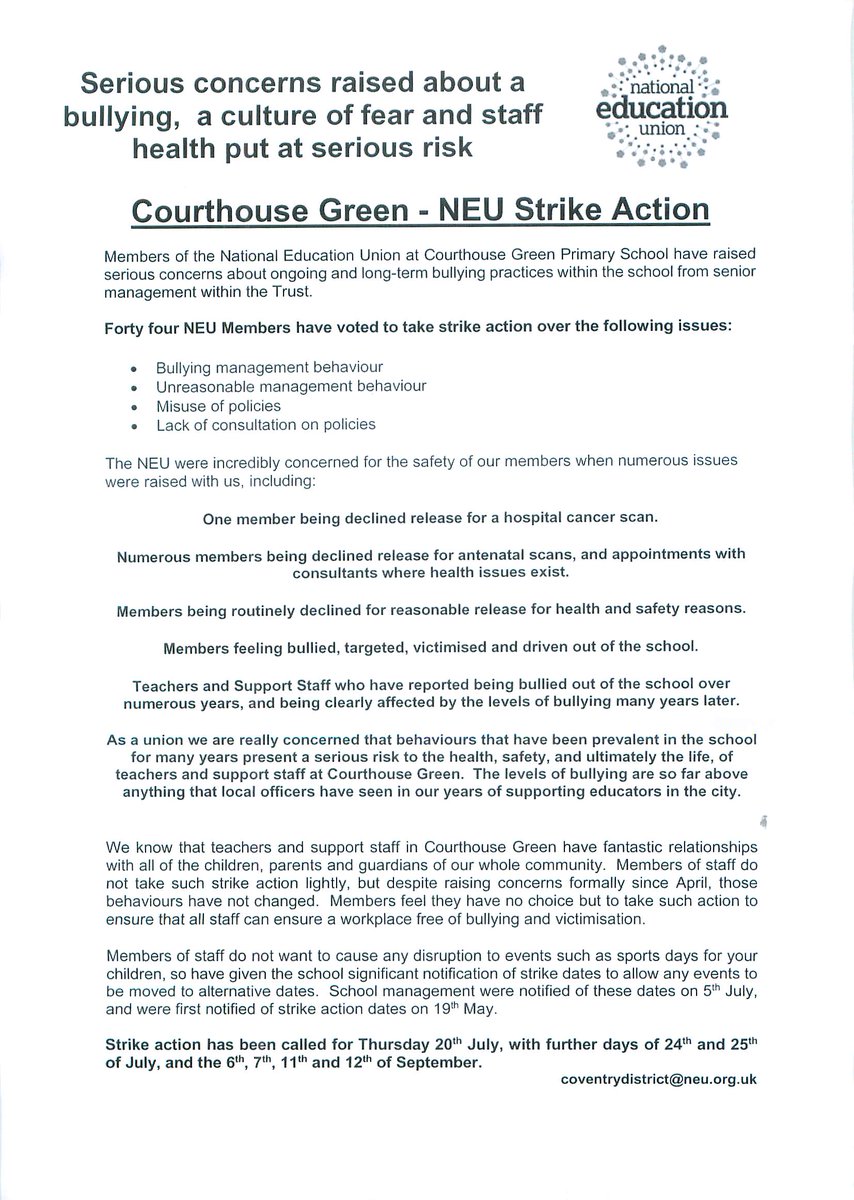 coventrytuc's tweet photo. Bringing solidarity to #CourthouseGreen Primary School #Coventry, where 44 #NEU members are on strike against "bullying and unreasonable management behaviour" https://t.co/ckVxnrkHeG