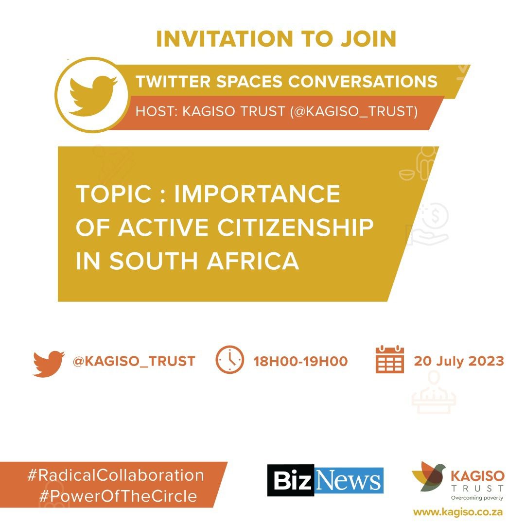 BizNewsCOM's tweet photo. Join @Kagiso_Trust this evening at 6pm for an engaging and constructive live discussion on Twitter Spaces, focusing on the importance of active citizenship in South Africa.
https://t.co/MBEVbvnlNs
#RadicalCollaboration #GetInvolved #PoweroftheCircle https://t.co/mpucOob6tR