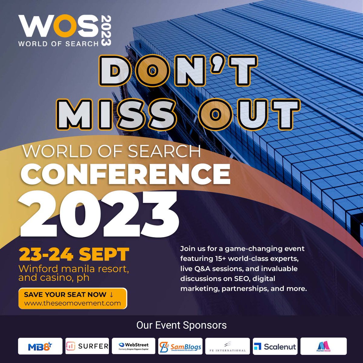 kherkroldanseo's tweet photo. HAVE YOU SECURED YOUR SPOT YET?
π·Don't miss out on the WORLD OF SEARCH CONFERENCE 2023!
π·Save your seat now at https://t.co/HzAdpHJLkr and be a pioneering member of this global movement!
#WOSCON23 #TheSEOMovementPH
#WorldOfSearchConference2023
#BeAPartOfTheMovement https://t.co/qD6eMFGwy2