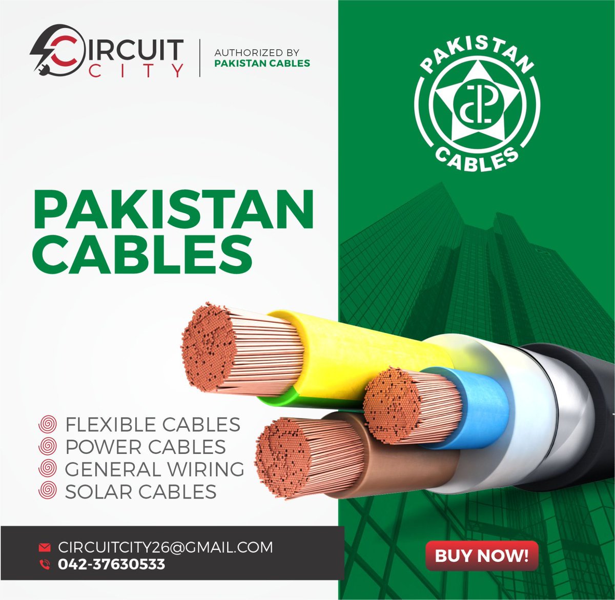 Circuit City is an authorized dealer of Pakistan Cables having large amount of available stock.
#PakistanCables #PowerCable #FlexibleCable #GeneralWiring #SolarCable #CircuitCity #BrandrethRoad #BeadonRoad #Dealership #AuthorizedDealer