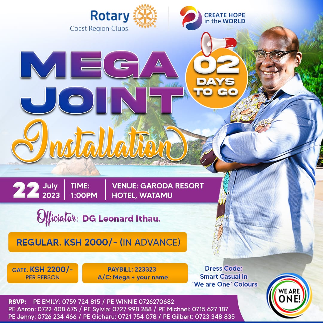 RotaryBamburi's tweet photo. It's 2️⃣ Days to the #MEGAJointInstallation party - and it's about to get Severe up in Here!!! 😁

We about to take off, and you don't want to be left out!

#TheCountdown 
#MagicalWatamu 🏖️🌅🌴
#MEGAJointInstallation 
#CoastRotary  
#WeAreOne 
#ServiceIsFUN! https://t.co/kxn1KLVUGn