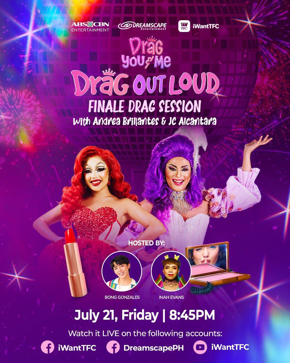 riseartistsph's tweet photo. Mga mhie! FINALE session na natin 'toh! Kaya 'wag nang umabsent sa chikahan ha!
Kita-kits this Friday sa #DragOutLoud with @iamandrea_b & @imJCAlcantara. Hosted by @bonggonzales_ & @_AteDick .
Watch it LIVE on the following accounts! https://t.co/yvIOVVbILA