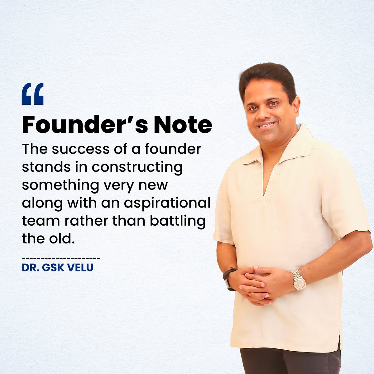 DrGSKVelu's tweet photo. Founders succeed by creating the new, not battling the old.
#Success #FoundersNote https://t.co/q8LrDxIWte