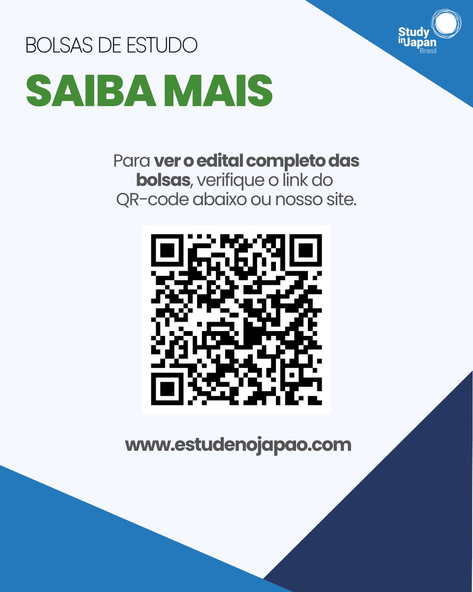 studyinjapanbr's tweet photo. [Bolsas de Estudos - Japão - JICA]

A JICA oferece periódicamente algumas bolsas de treinamento no Japão, os quais muitas vezes possuem uma parte online feita no país do bolsista, e parte feita no Japão. Essas bolsas possuem períodos de inscrição variados, por isso é importante sempre checar o site da JICA e verificar sempre por oportunidades acerca destes Treinamentos.

O Programa de Treinamento no Japão visa receber como bolsistas, técnicos de países em desenvolvimento, que serão os pilares da construção do seu país, promovendo a aquisição de técnicas, conhecimentos e a criação de sistemas, dentre outros.

Conheça no nosso post algumas das bolsas com inscrições abertas para Julho e Agosto de 2023!

Para mais informações acesse o link no QR-code ou
https://t.co/qIJw6ZMz7h

#estudarnojapão #japão #estudarnoJapão #bolsasdeestudo #global #studyinjapan #curso #cursodeextensao #intercambiojapao #JICA