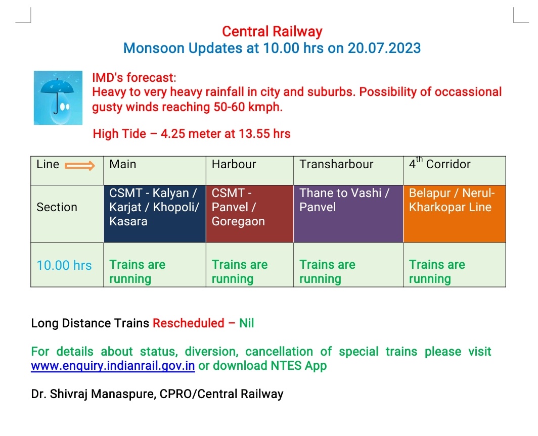 Central_Railway's tweet photo. #CRupdates 
CR Monsoon update at 10.00 hrs on 20.07.2023.
#MumbaiRains #Monsoon2023 https://t.co/Zxh2tNg4jV