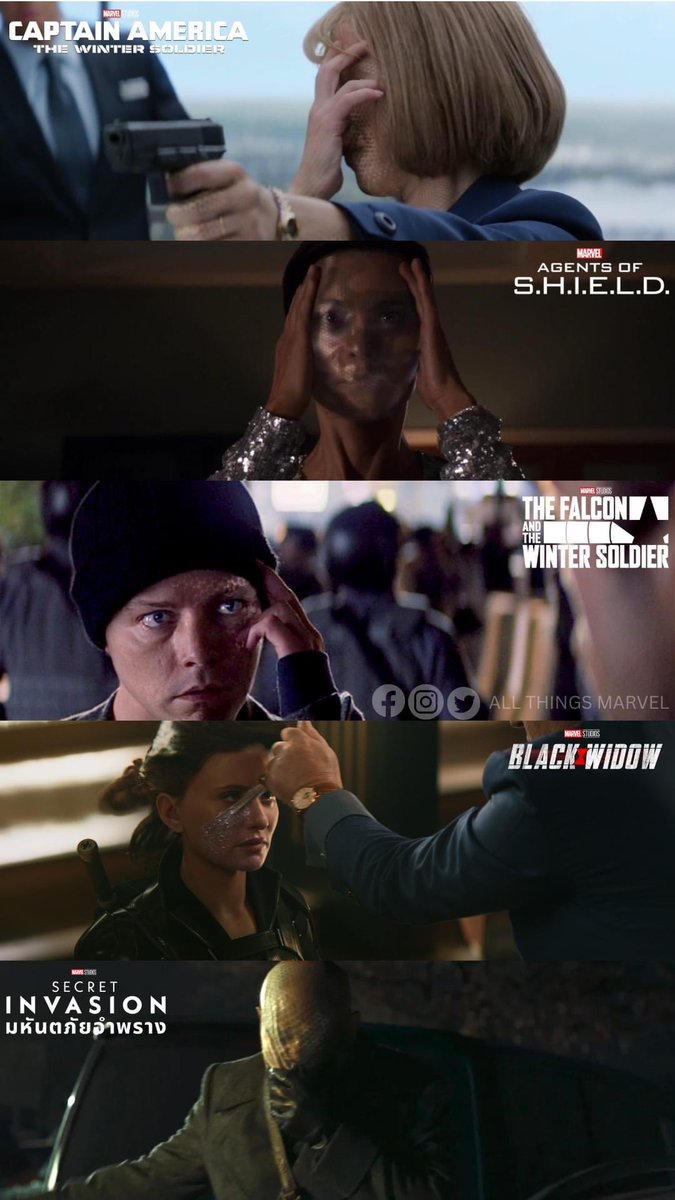 things_marvel's tweet photo. Widow's Veil หรือ The #PhotostaticVeil/#NanoMask ที่ปรากฎในตอนล่าสุดของซีรีส์ Secret Invasion ตอนที่ 5 เป็นเทคโนโลยีหน้ากากเซลล์โฮโลกราฟิกขนาดนาโน สร้างพื้นผิวแบบโฟโตสแตติกที่สามารถเลียนแบบใบหน้าของใครก็ได้ นอกจากนี้ยังมีตัวปรับแต่งเสียงที่สามารถเลียนแบบเสียงที่หลากหลายได้อย่างแม่นยำ เพื่อเลียนแบบใบหน้าและเสียงของบุคคล จำเป็นต้องมีตัวอย่าง DNA และเสียงจากบุคคลนั้น สิ่งเหล่านี้จะถูกสแกนโดยกรณีพิเศษซึ่งปรับเทียบหน้ากากเพื่อให้เลียนแบบบุคคลที่ต้องการได้อย่างแม่นยำสูง
การใช้ #WidowsVeil ปรากฎในภาพยนตร์และซีรีส์มาร์เวลหลายครั้งตามเหตุการณ์ต่อไปนี้
• #NatashaRomanoff ใช้ปลอมตัวเป็น #PamelaHawley สมาชิกของสภาความมั่นคงโลก ในภาพยนตร์ #CaptainAmerica: #TheWinterSoldier
• Kara Lynn Palamas ( #Agent33 ) ใช้ปลอมตัวเป็น #MelindaMay ในซีรีส์ #AgentsofSHIELD ซีซัน 2
• #SharonCarter ( #Agent13 ) ปลอมตัวเพื่อเข้าหา #BuckyBarnes ในซีรีส์ #TheFalconAndTheWinterSoldier
• Natasha Romanoff ใช้ปลอมตัวเป็น #MelinaVostokoff ในภาพยนตร์ #BlackWidow
• และล่าสุด #NickFury ใช้ปลอมตัวเพื่อหลบหนีออกจากประเทศเพื่อไป... หาคำตอบได้ในซรีรส์ #SecretInvasion ตอนที่ 5 รับชมได้ทาง #DisneyPlusHotstarTH