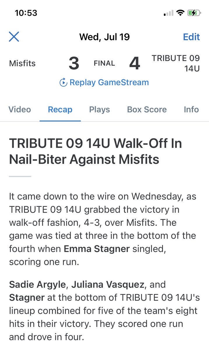 mountsrus's tweet photo. Emma brought the run support in the first, to build my pitching confidence. My teammates killed it in the 4th, to get that W. @Tributesoftbal1 https://t.co/q2jlHNf7OB