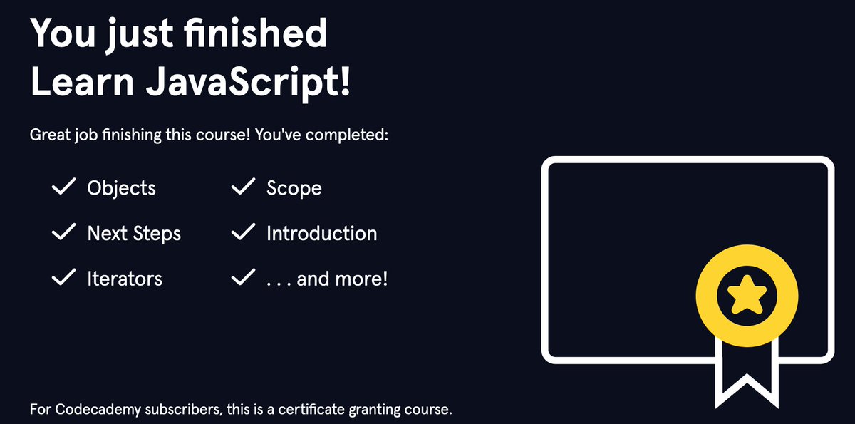 Portfedh's tweet image. Finished the Learn JavaScript course from #CodeAcademy.   On we go #100Devs #catchupcrew