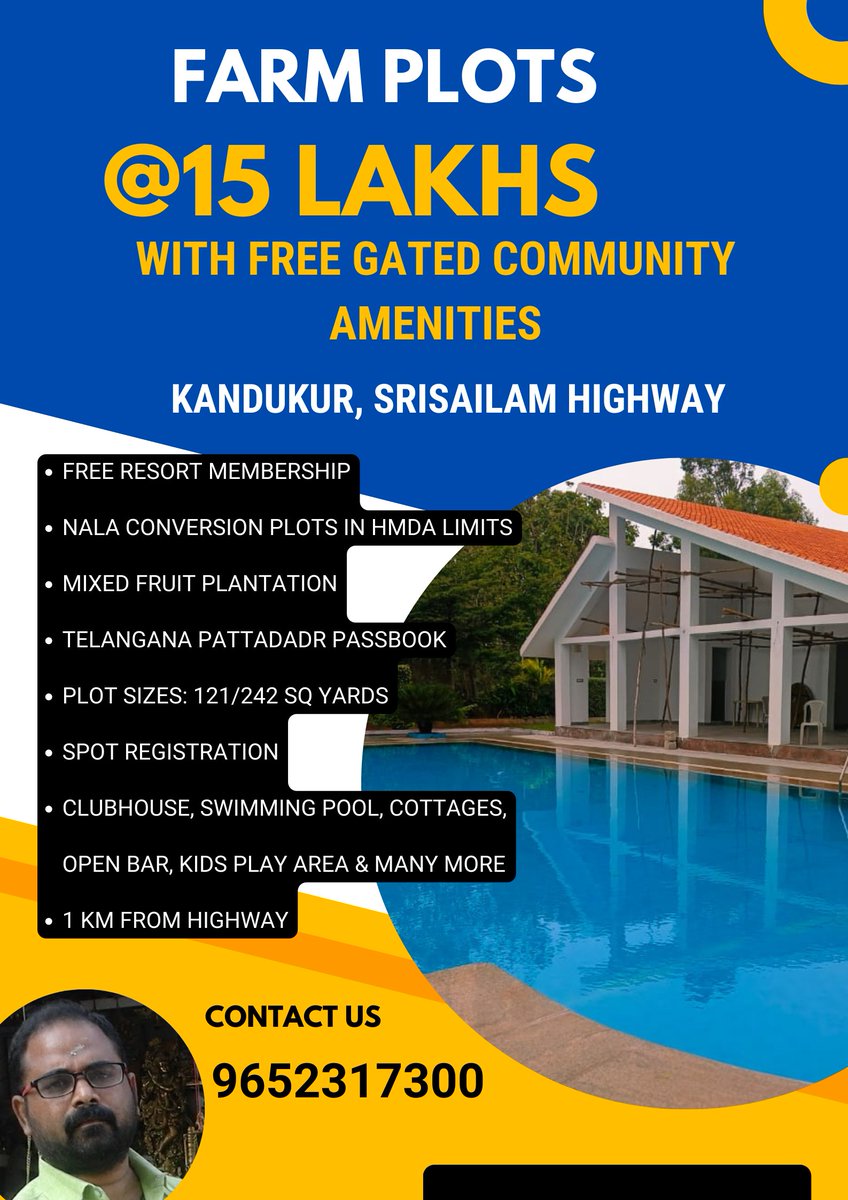 📷Buy 1 Gunta Farm Land @ 15 Lakhs - Call 096523 17300
📷Free Resort Membership
📷Kandukur, Srisailam Highway
📷Nala Conversion Plots in HMDA Limits
📷Telangana Pattadadr Passbook
📷Plot Sizes: 121/242 Sq Yards
📷Clubhouse, Swimming Pool, Cottages, Open Bar, Kids Play Area &amp; Many