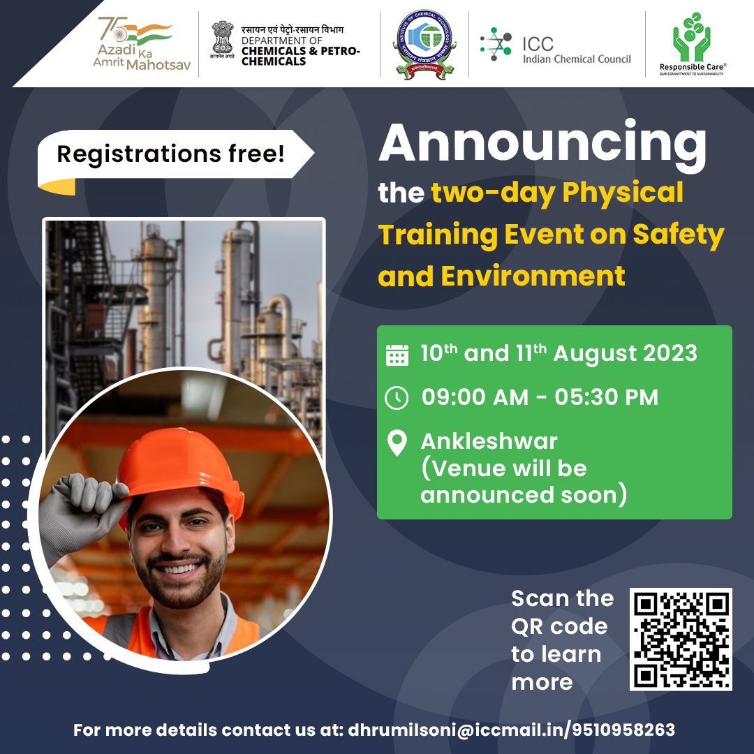 icc_india's tweet image. Announcing the two-day Physical Training Event on Safety and Environment  
Date: 10th and 11th August 2023  
Time: 09:00 am - 05:30 pm  
For more details, refer to the image below: #trainingevent #msme #chemicalindustry #indianchemicalcouncil