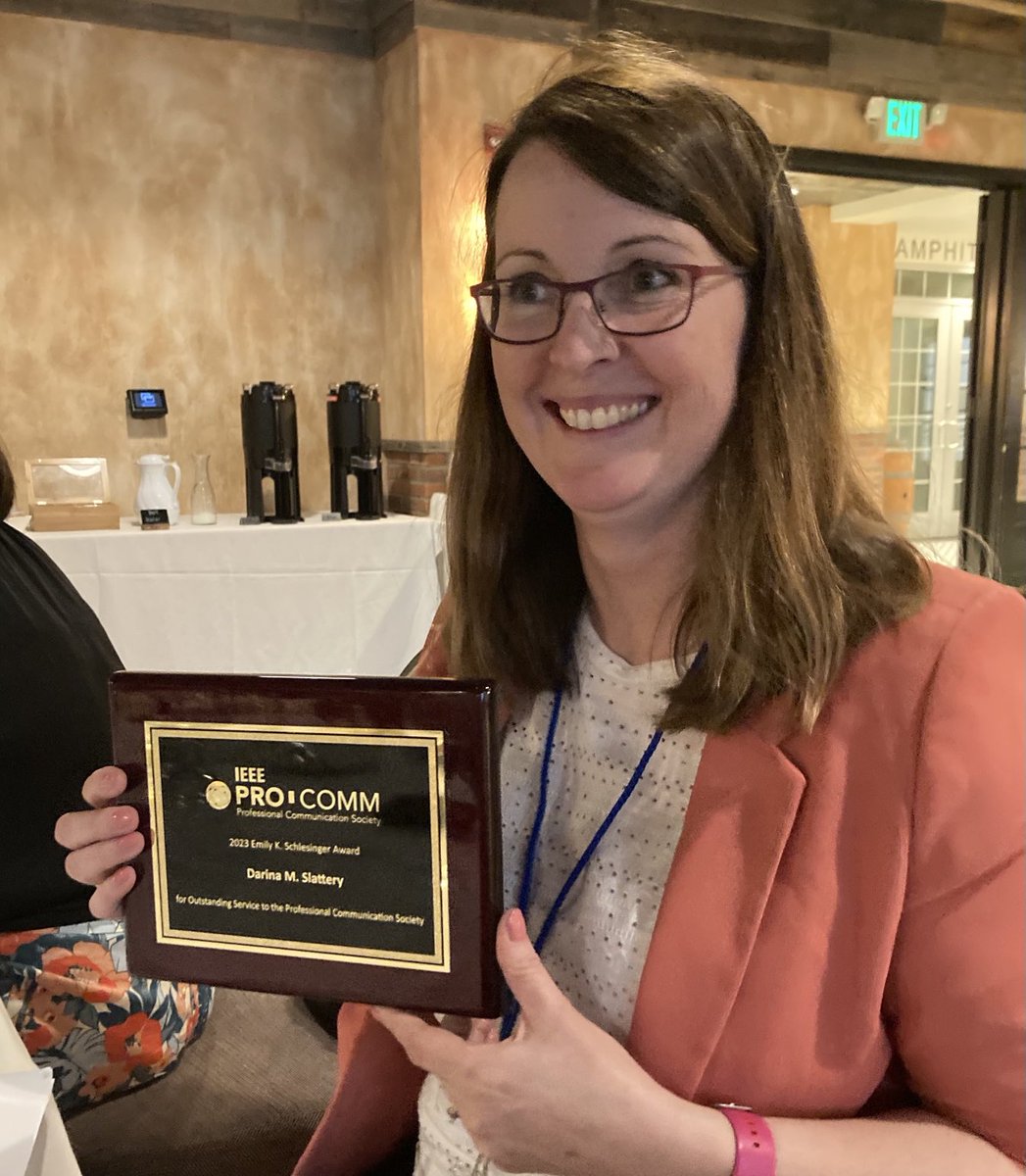 pmrdms's tweet photo. Really honoured to receive the Emily K. Schlesinger Award last night for outstanding service to the IEEE Professional Communication Society at #ieeeprocomm23, which was hosted by @Cornell @IEEEProComm @ResearchArtsUL #tcidul https://t.co/ScA5ixlscw