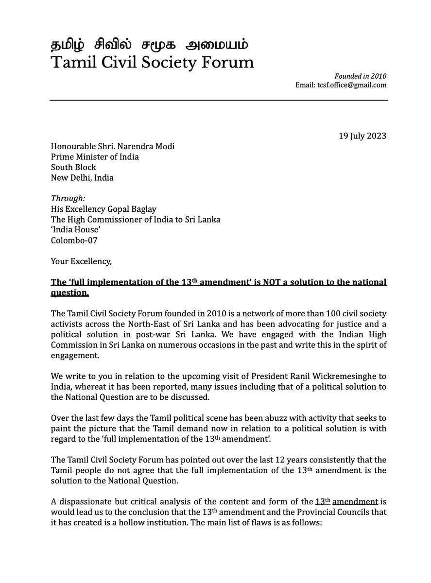 TamilCSF's tweet photo. Letter to @narendramodi through @IndiainSL re the 13th amendment:

'It is the duty of GoSL to implement what is already there in the Constitution. Deliverance of that constitutional duty is not what the Tamil people seek as a political solution'. 

FYI: @TNAmediaoffice @TnpfOrg https://t.co/CNAzcn3chL