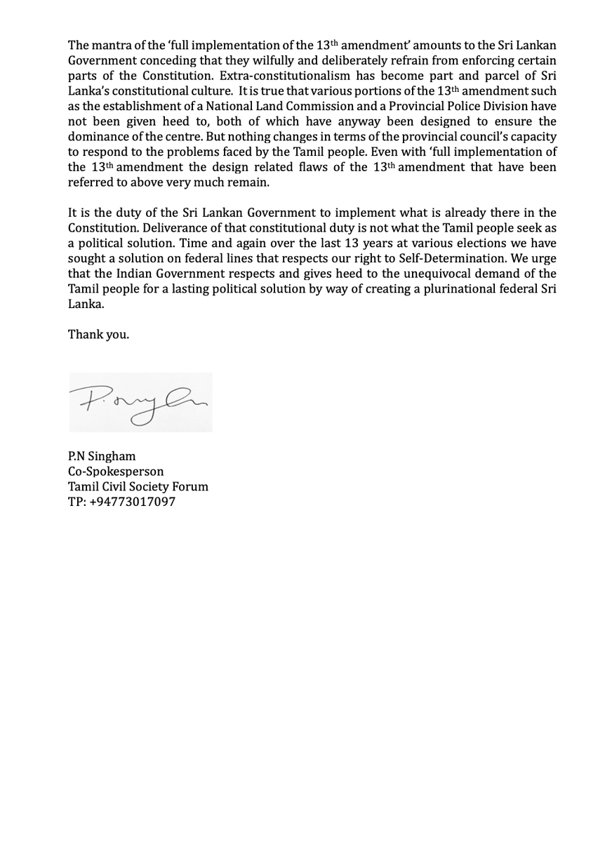 Letter to <a href="/narendramodi/">Narendra Modi</a> through <a href="/IndiainSL/">India in Sri Lanka</a> re the 13th amendment:

'It is the duty of GoSL to implement what is already there in the Constitution. Deliverance of that constitutional duty is not what the Tamil people seek as a political solution'. 

FYI: <a href="/TNAmediaoffice/">TNAMedia</a> <a href="/TnpfOrg/">Tamil National People's Front</a>