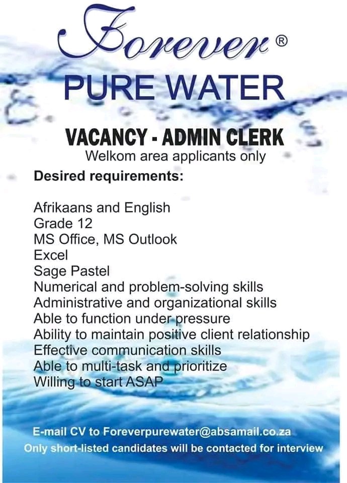 CarolBoitumelo1's tweet photo. Forever Pure Water is hiring!

📌 Admin Clerk 
📌 Technician

Email CV to Foreverpurewater@absamail.com https://t.co/tS7WnhSn4L