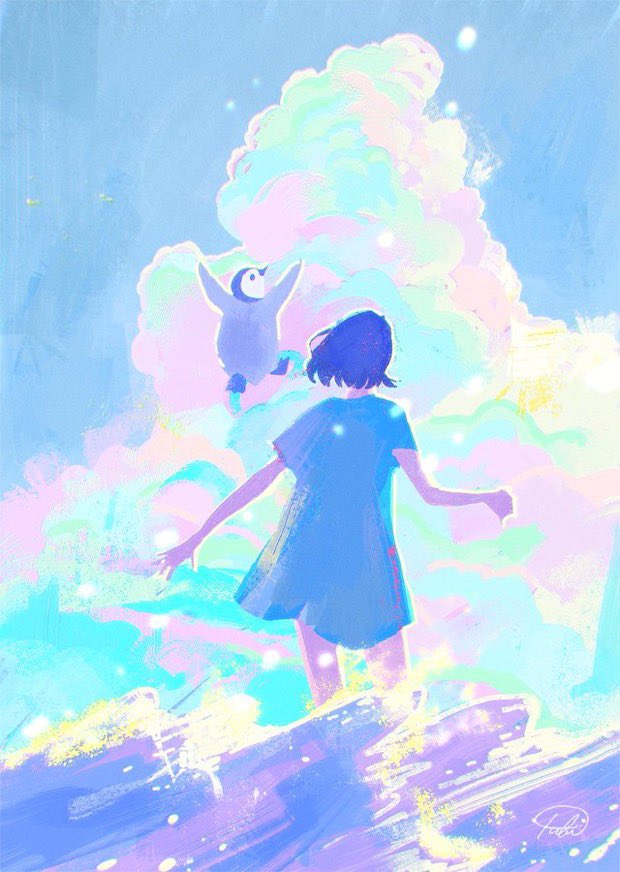 1girl outdoors cloud sky tree shirt wide shot  illustration images